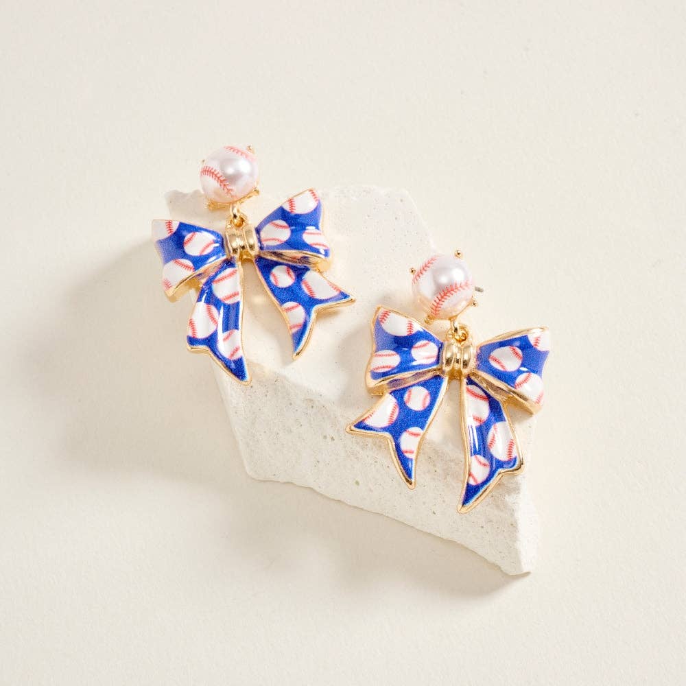1.5 Inch Baseball Print Pattern Enamel Ribbon Post Earrings: White/Red / ONE