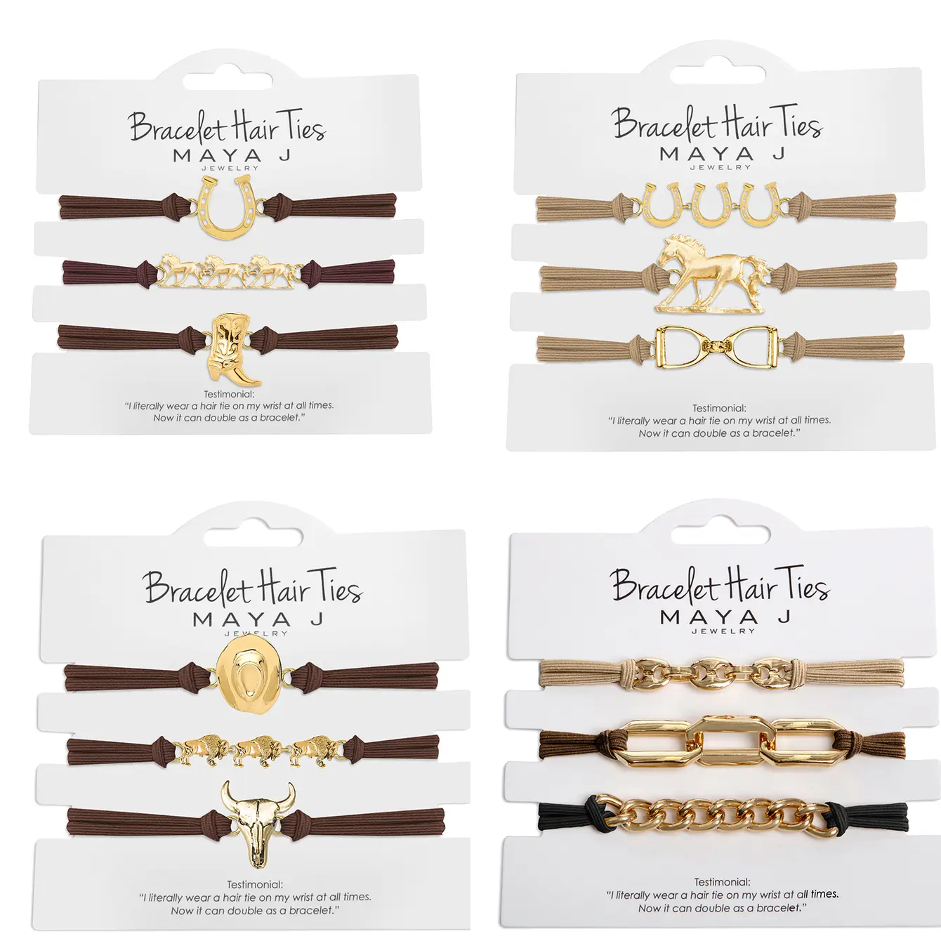 2-in-1 Bracelet Hair Tie Set - Western - 3 Pc Set - 10 Pack: Beige / Brown / Black