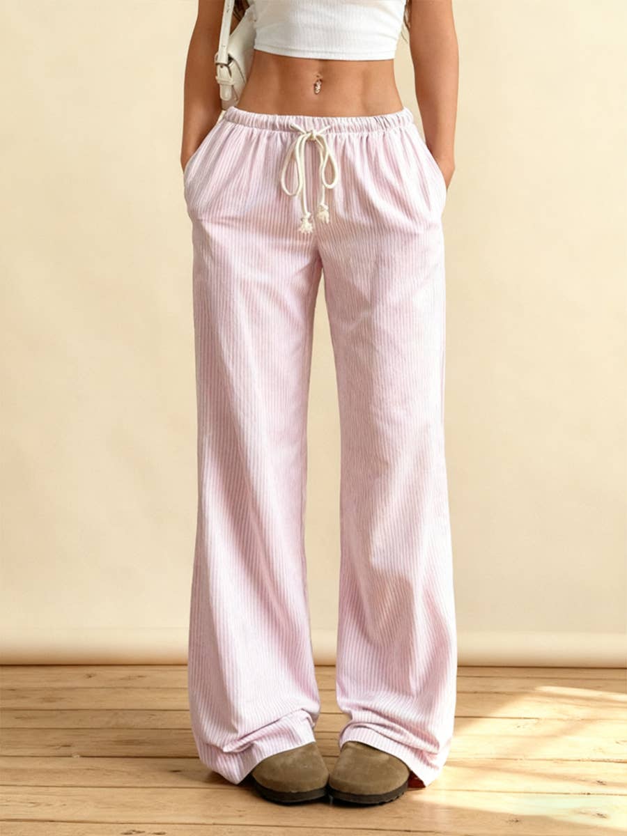 Summer Striped Wide Leg Drawstring Pants_CWBLP01181: Pink / (S) 1