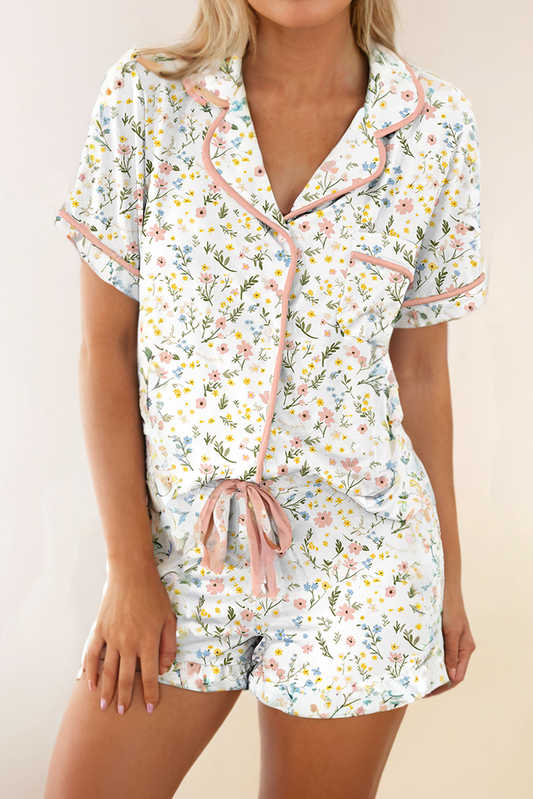 Floral Printed Casual Pocket Ruffled Shorts Pajama Set: Beige / Missy / S