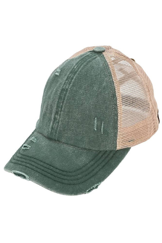 C.C Washed Denim with Crossed Elastic Band Mesh Pony Cap: Dark Green