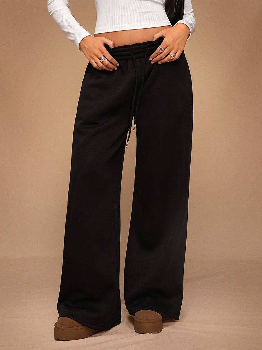 Fleece Lined Wide Leg Jogger Sweatpants_CWBLP01180: COFFEE / (S) 1