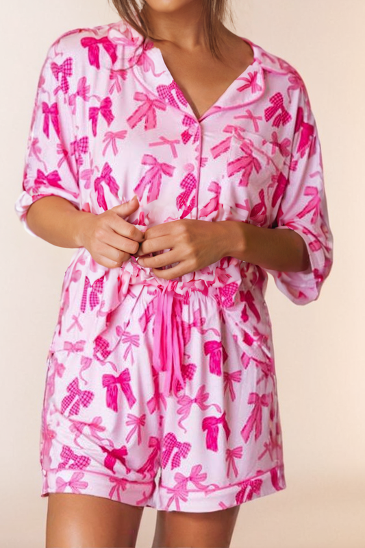 Bow Print Half Sleeve Shirt and Shorts Pajamas Set: Pink / Missy / L