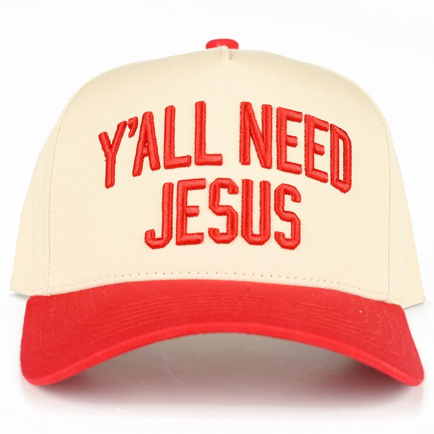 C.C Y'ALL NEED JESUS Embroidered Letter Two Tone Trucker Hat: Beige