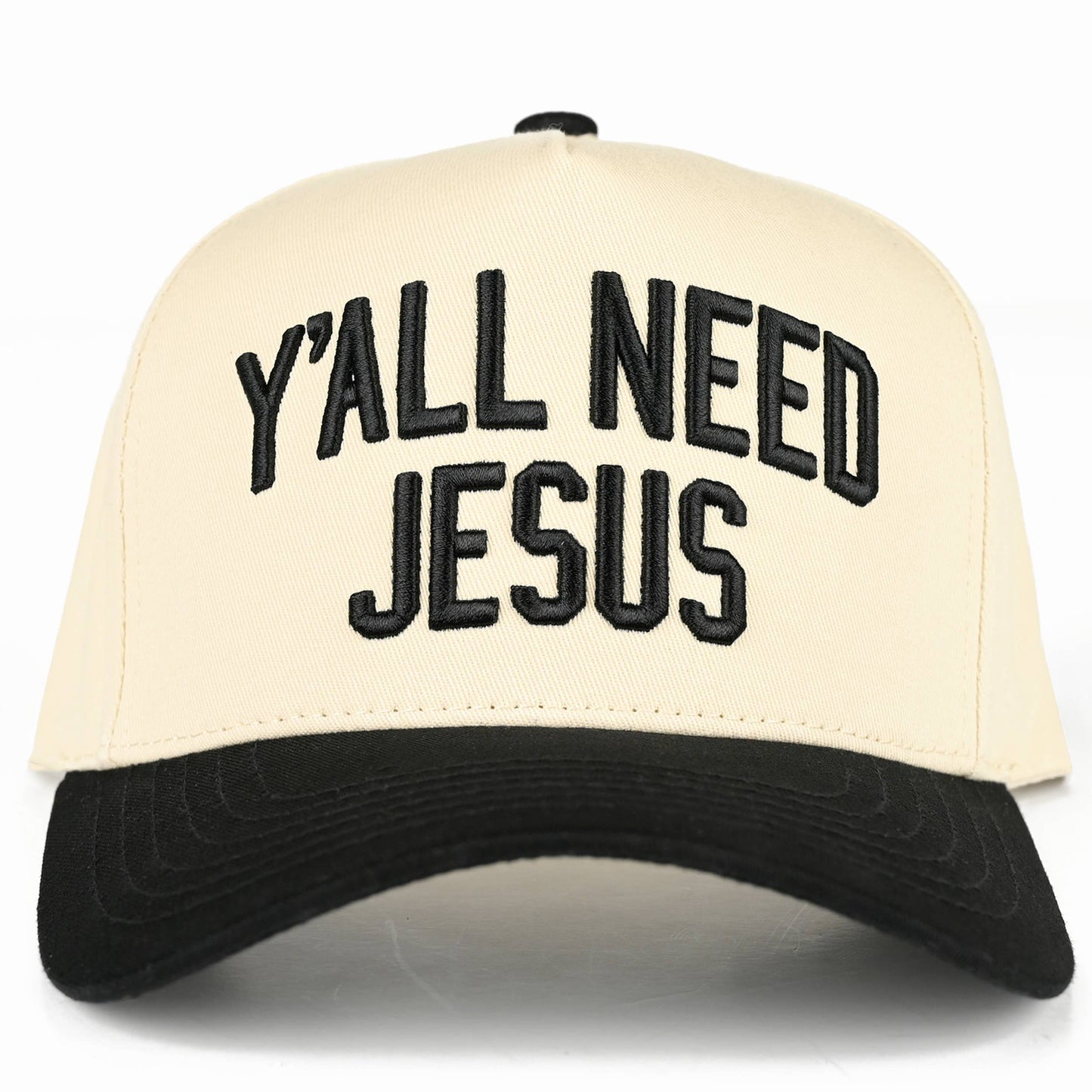 C.C Y'ALL NEED JESUS Embroidered Letter Two Tone Trucker Hat: Beige