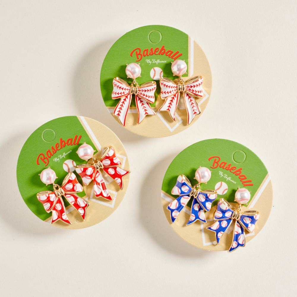 1.5 Inch Baseball Print Pattern Enamel Ribbon Post Earrings: White/Red / ONE