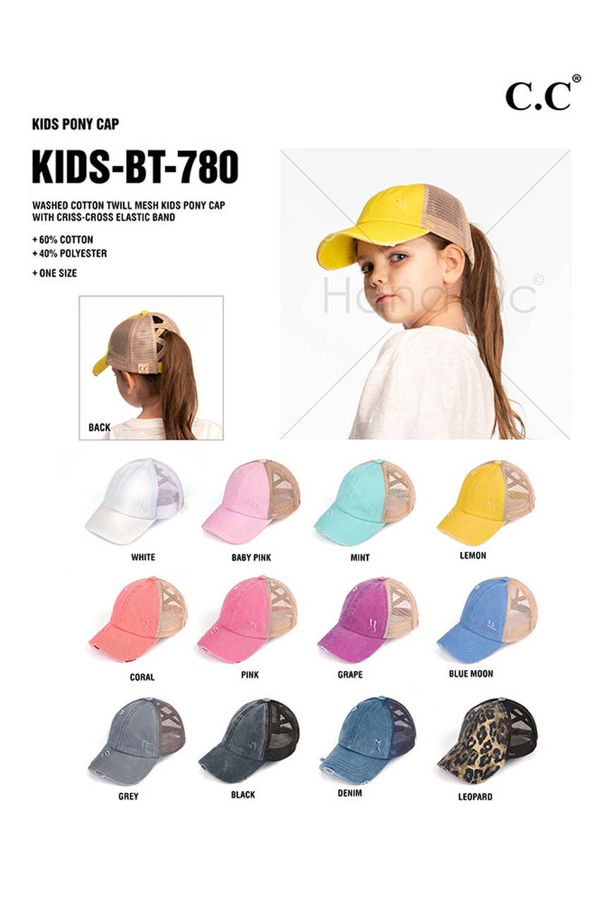 C.C Kids Washed Denim Elastic Band Crossed Pony Cap: Baby Pink