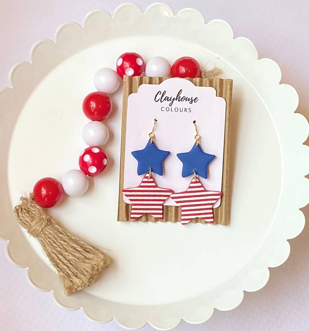 Red, White & Blue Clay Earrings : 2 Star Dangles