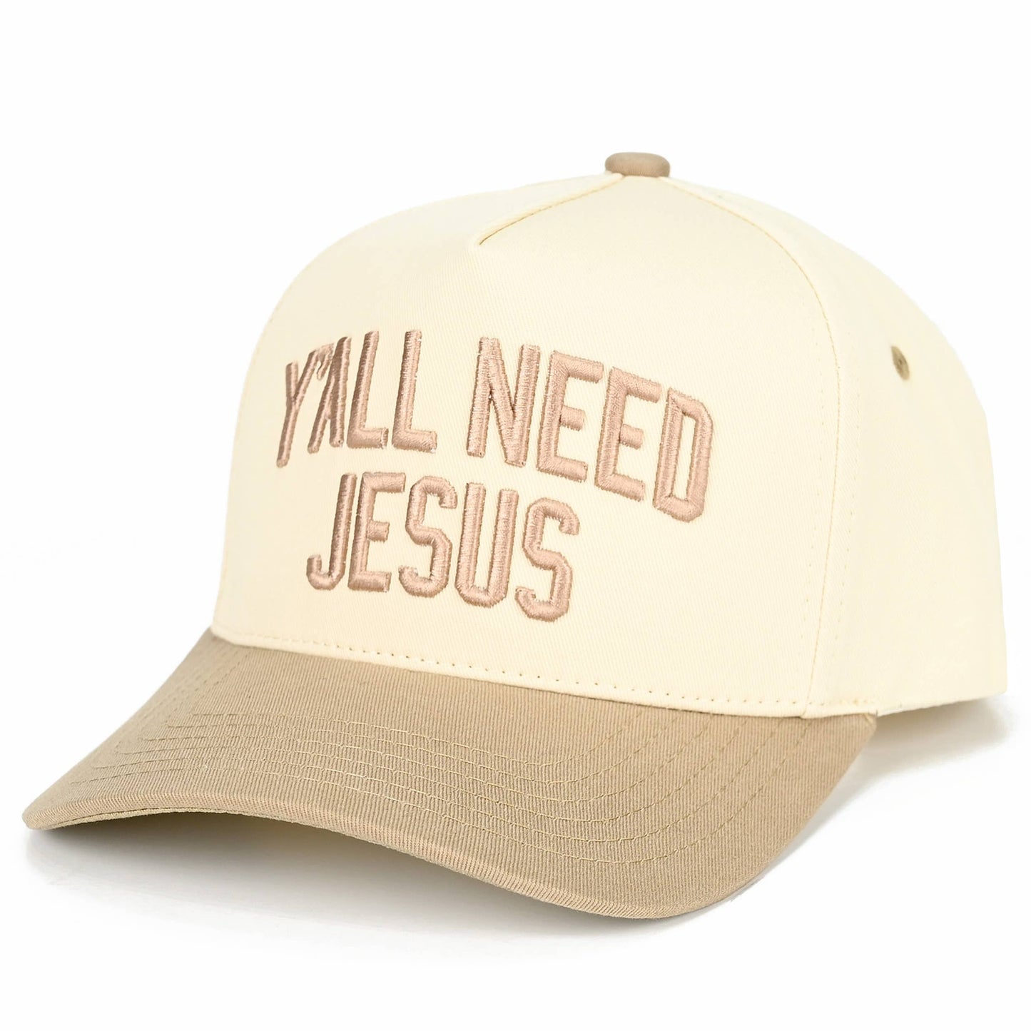 C.C Y'ALL NEED JESUS Embroidered Letter Two Tone Trucker Hat: Beige