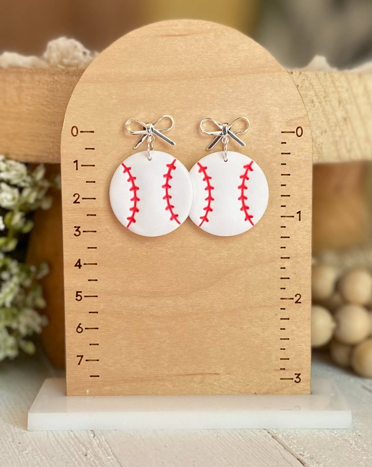 Baseball Earrings : Red Bow Baseball Dangles