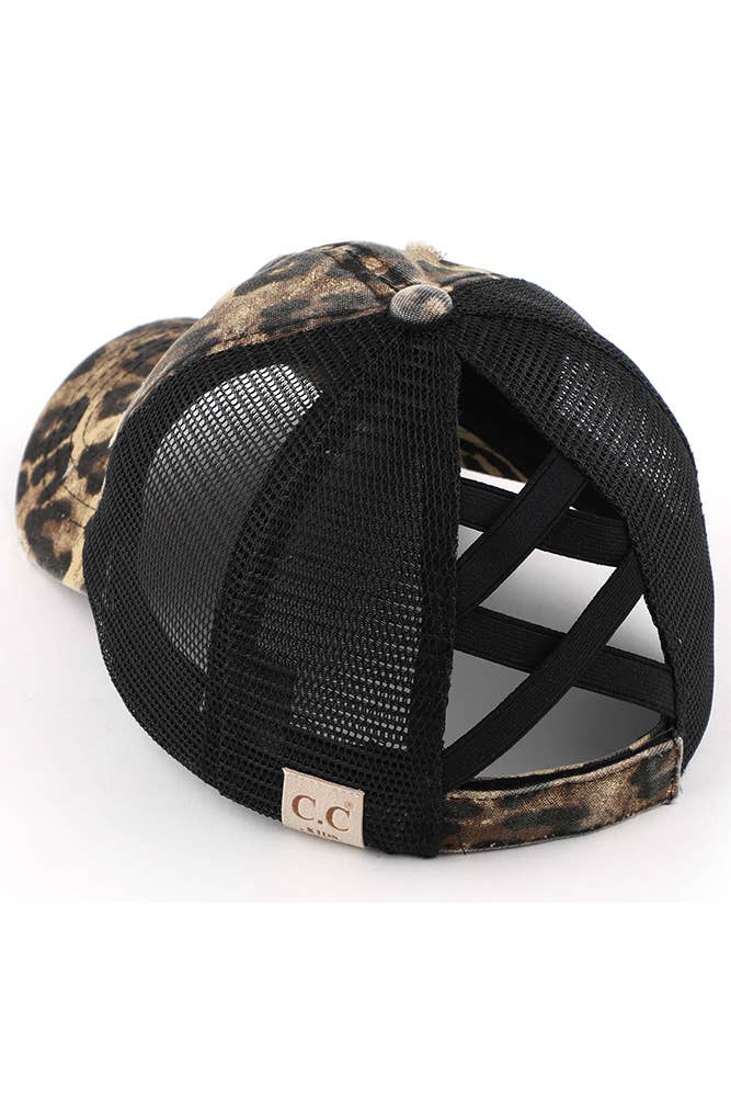 C.C Kids Washed Denim Elastic Band Crossed Pony Cap: Pink