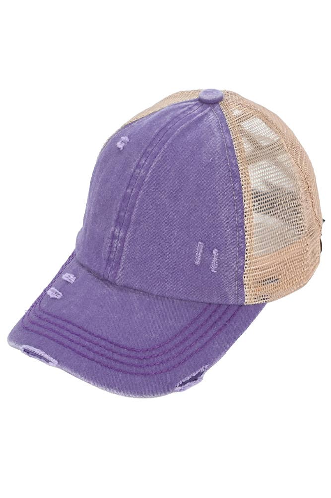 C.C Washed Denim with Crossed Elastic Band Mesh Pony Cap: Purple