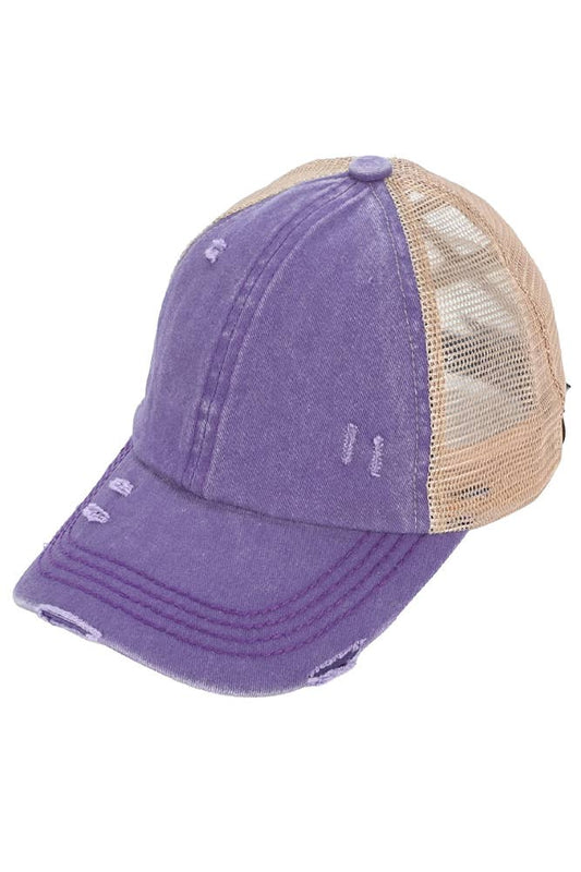 C.C Washed Denim with Crossed Elastic Band Mesh Pony Cap: Purple