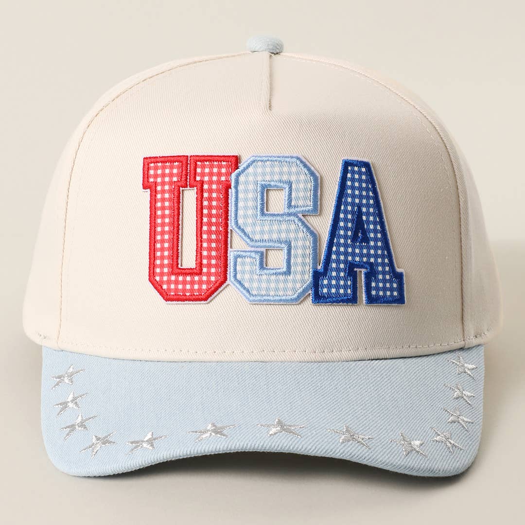 USA Letter Patch Star Brim Denim Baseball Cap: LT DENIM