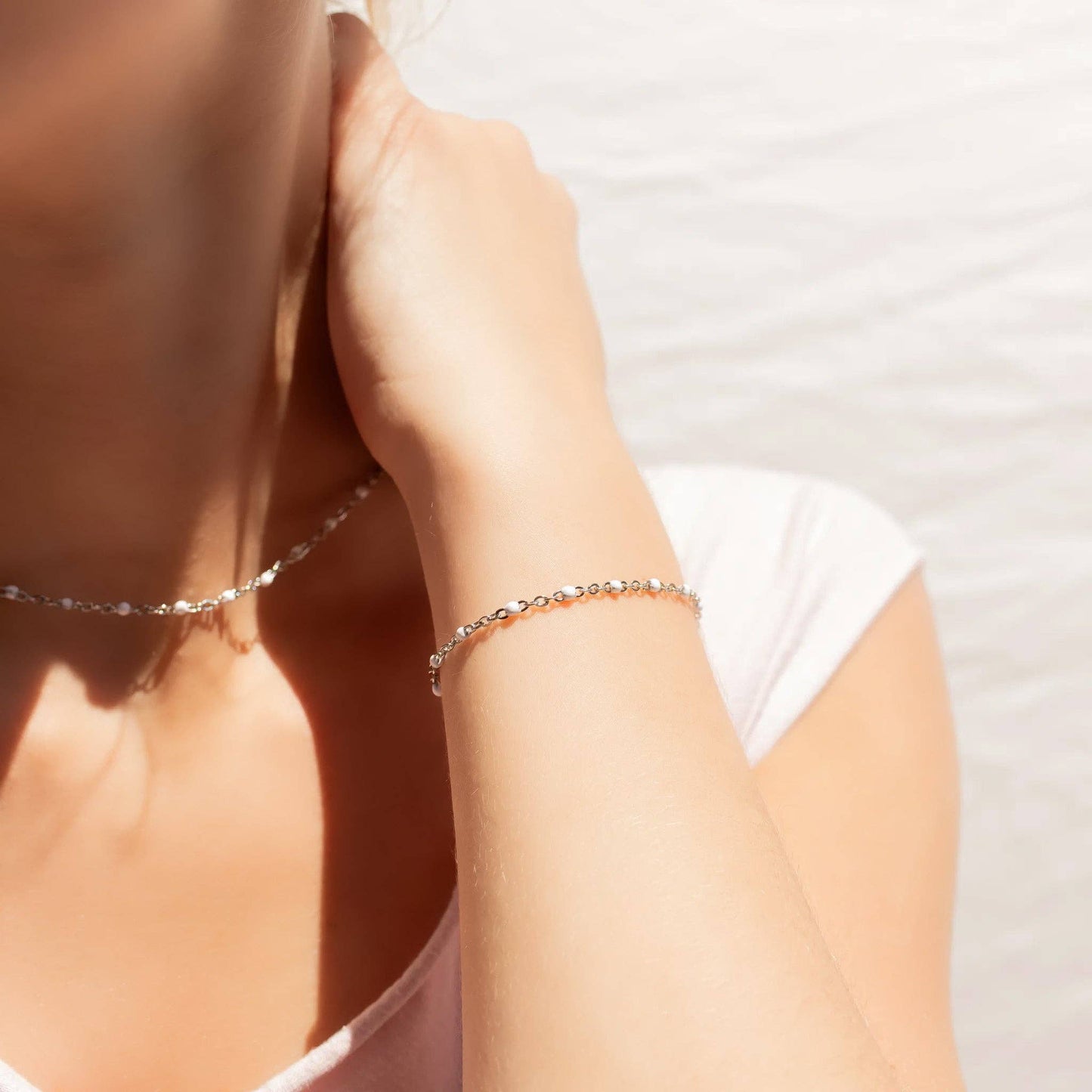 18K Gold PVD Stainless Steel White Confetti Chain Bracelet: Gold