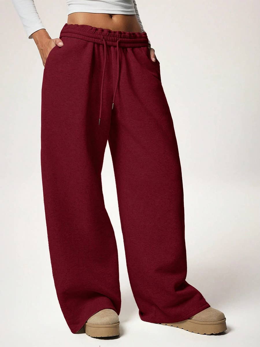 Fleece Lined Wide Leg Jogger Sweatpants_CWBLP01180: Red / (S) 1