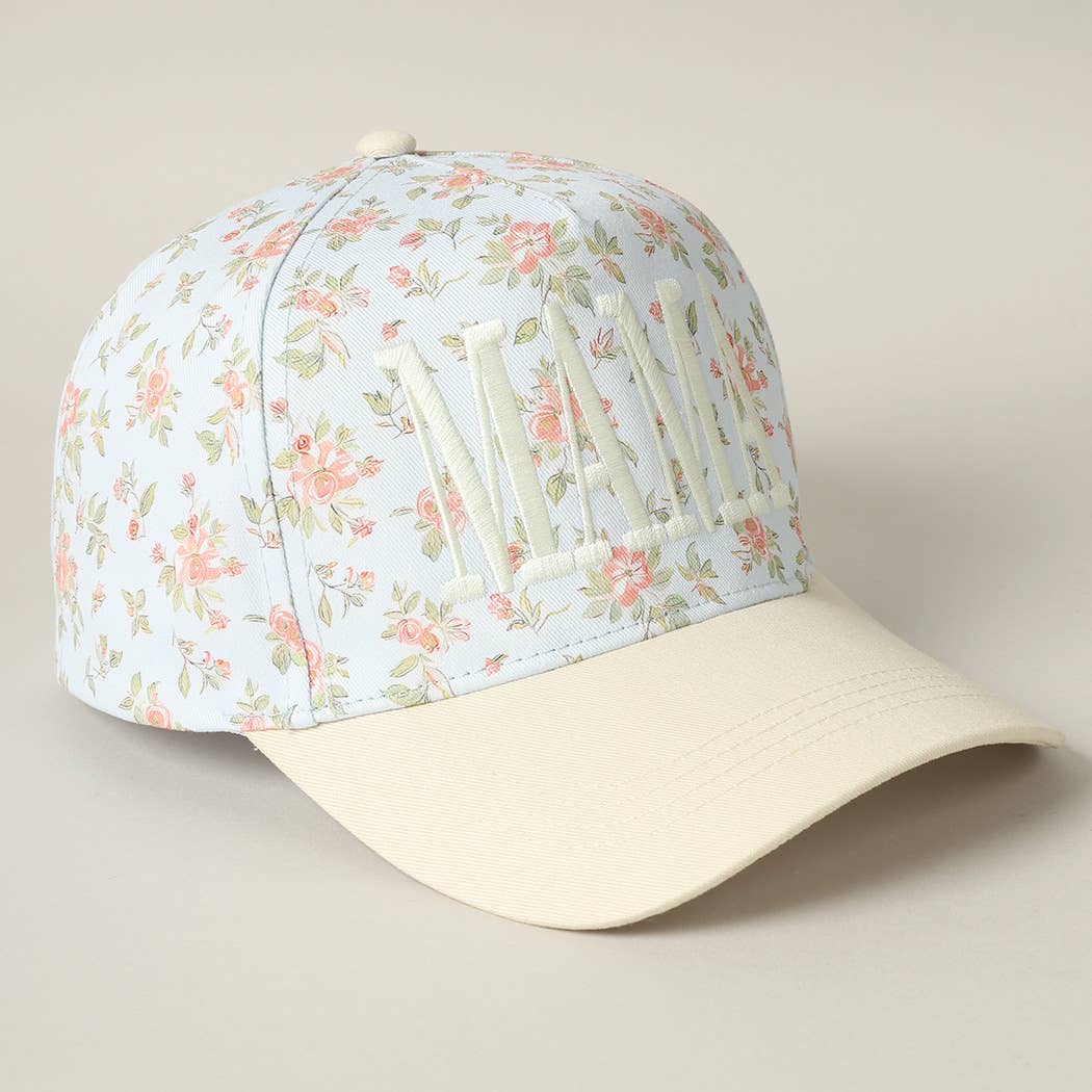 MAMA Embroidered Flower PatternTrucker Hat: BLUE/BEIGE / ONE SIZE
