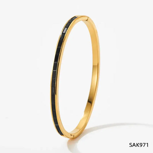 Gold Plated Stainless Steel Zircon Inlay Bracelet Bangle: Black