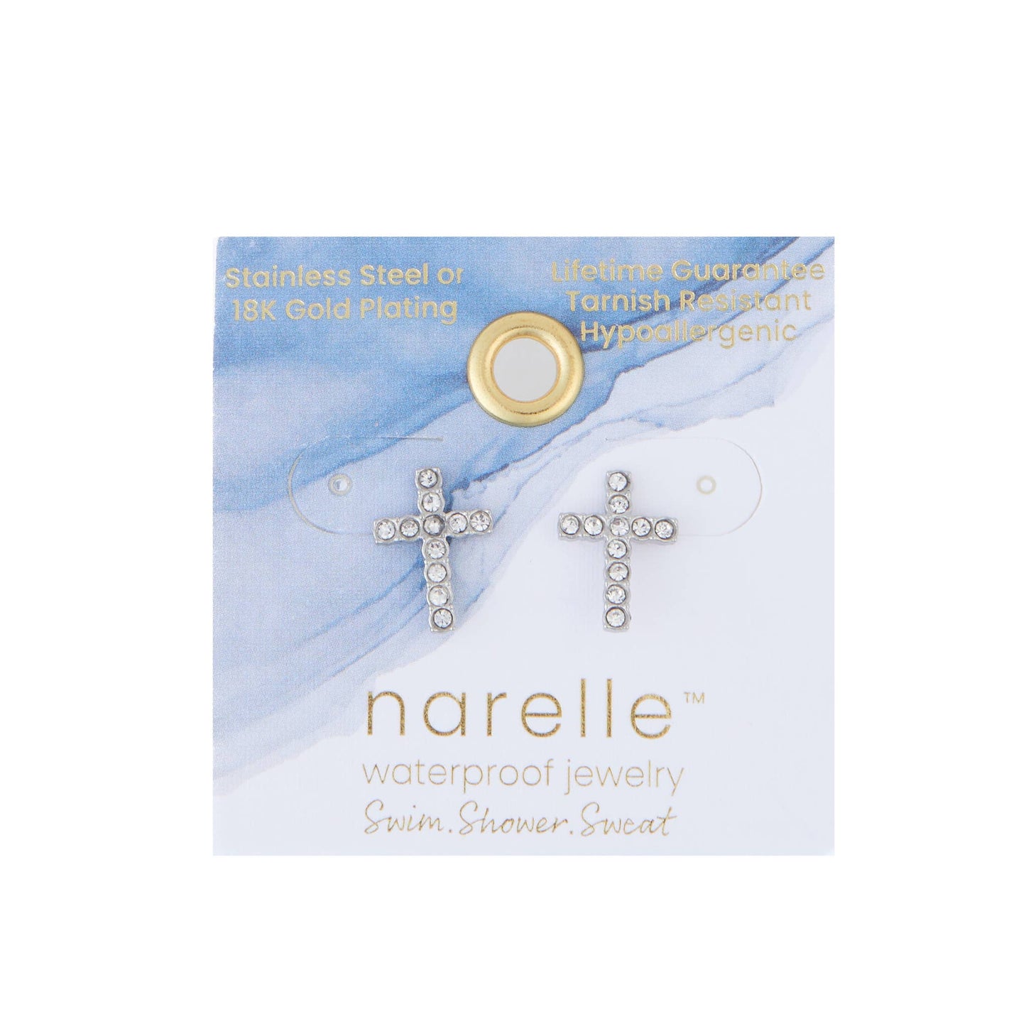 Waterproof Earrings Pave Cross Stud Gold & Steel Narelle: Gold