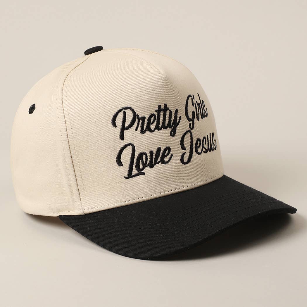 Pretty Girls Love Jesus Embroidery Trucker Hat: LT PINK / ONE SIZE