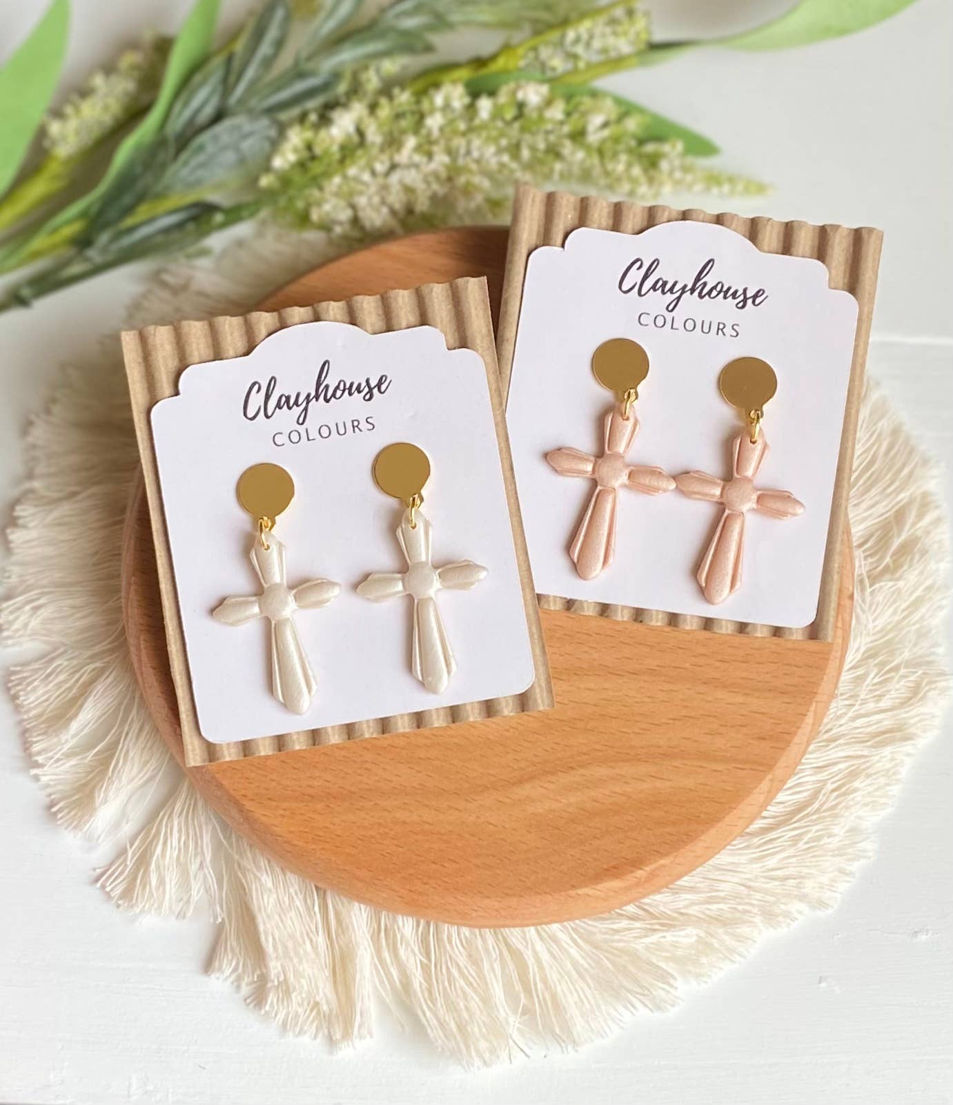 Cross Clay Earrings: Pearl
