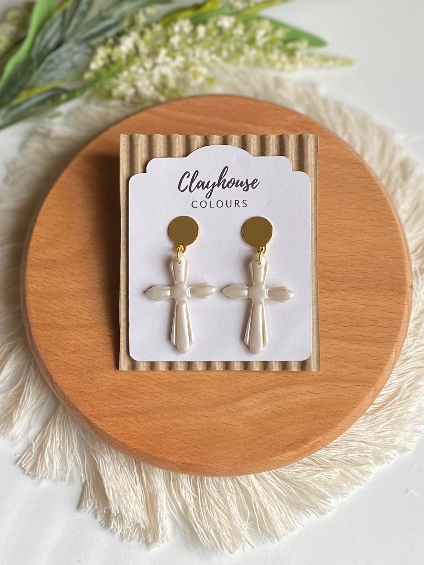 Cross Clay Earrings: Pearl