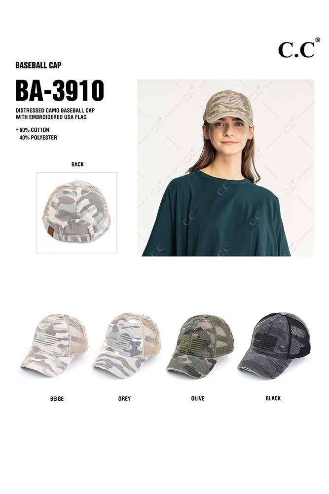 C.C American Flag Embroidery Camo Baseball Cap: Beige