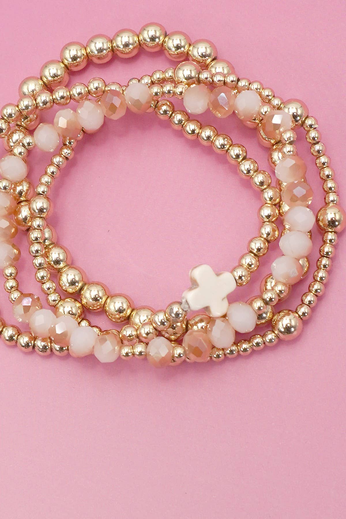 BOHO CROSS MULTI  COLORFUL BEADED STRETCH BRACELET | 40B5180: Pink