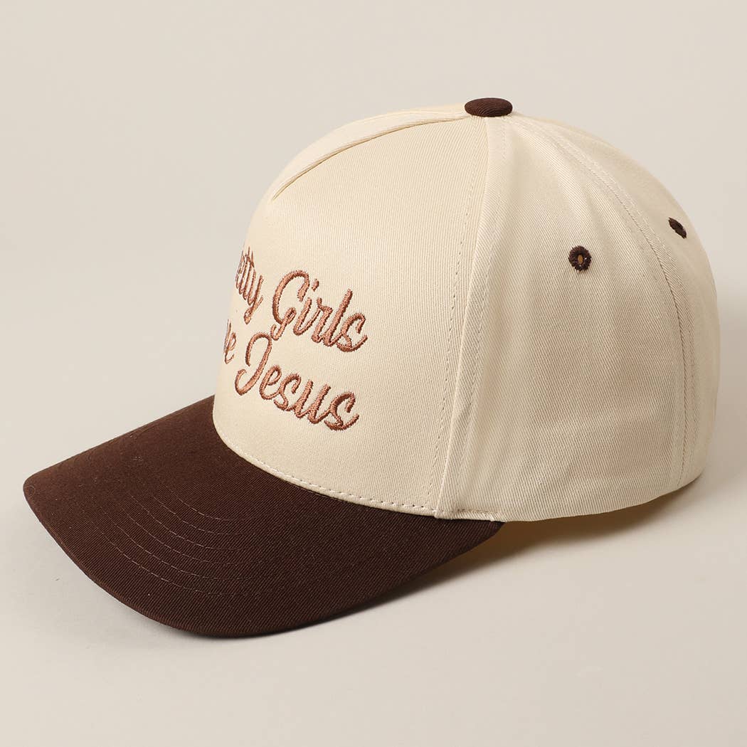 Pretty Girls Love Jesus Embroidery Trucker Hat: LT PINK / ONE SIZE