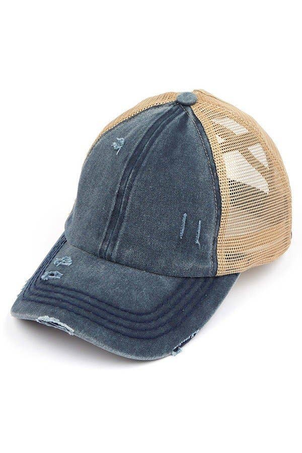 C.C Washed Denim with Crossed Elastic Band Mesh Pony Cap: Blue Moon