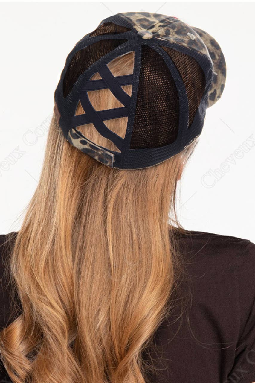 C.C Washed Denim with Crossed Elastic Band Mesh Pony Cap: Khaki