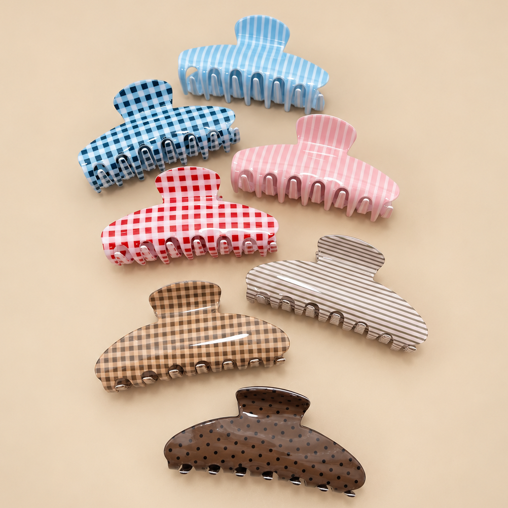 JUMBO STRIPE PLAID OVAL HAIR CLAW CLIPS | 40H1020: STRIPE PINK