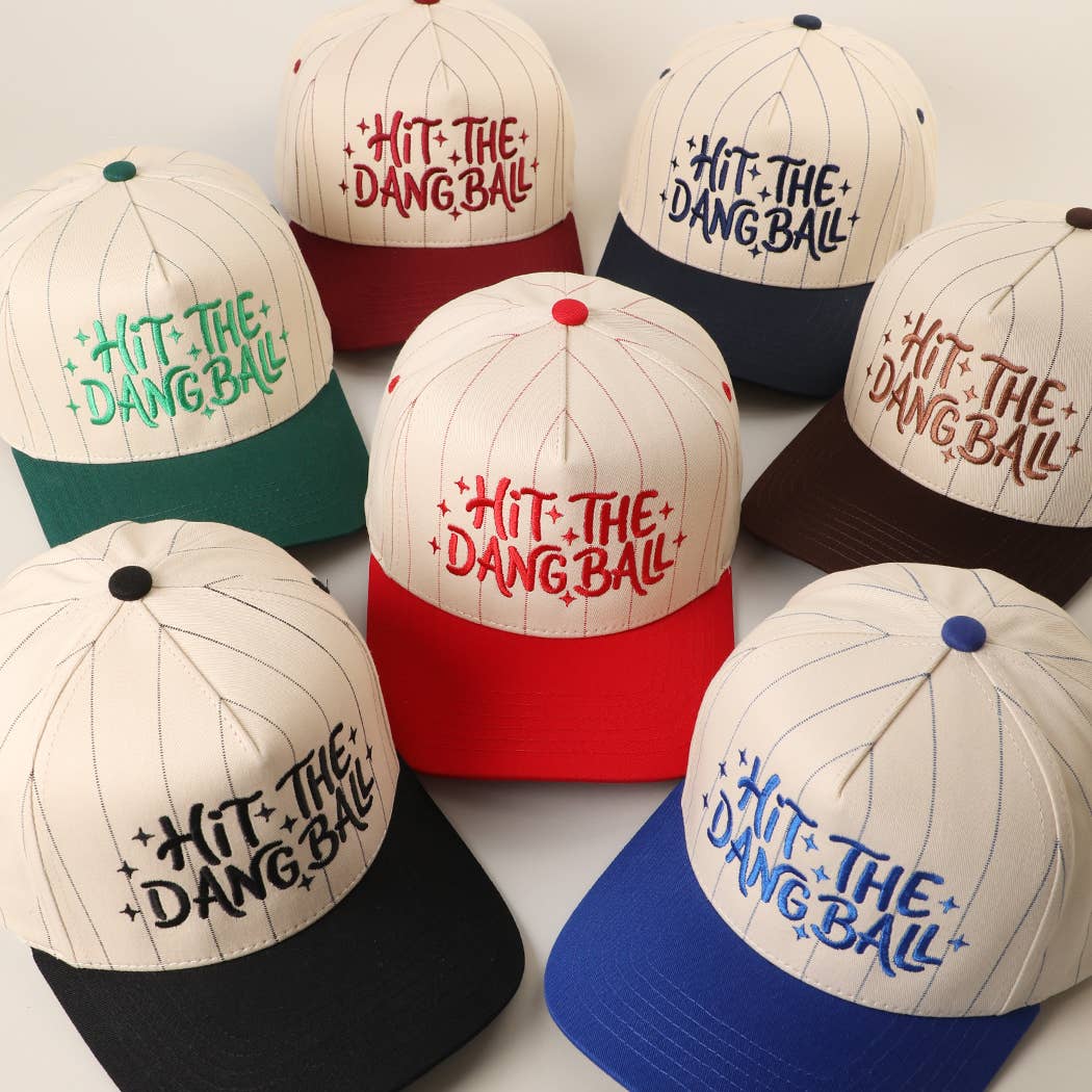 HIT THE DANG BALL Embroidered Two-Tone Pinstripe Trucker Hat: NAVY / ONE SIZE
