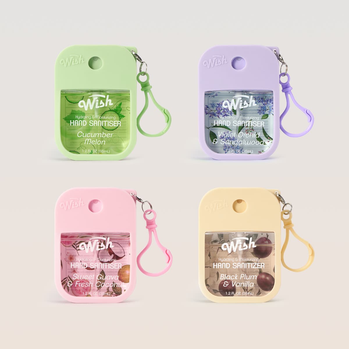 PDQ Assorted Sanitizer with Holder Case (40 Units: 10 each Black Plum, Cucumber Melon, Sweet Guava, Violet Orchid) | Size: 1.2 oz