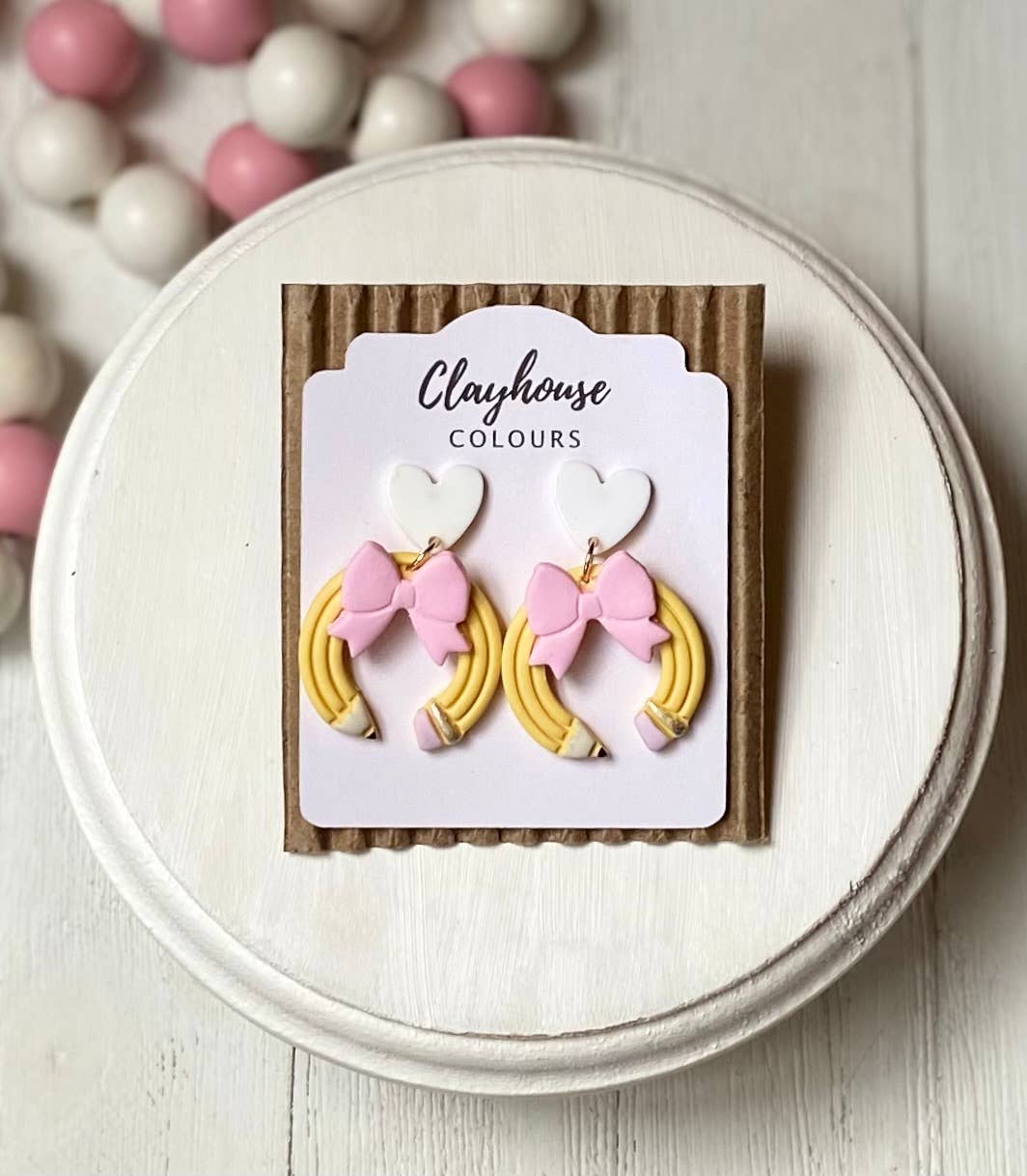 School Bow Earrings | Teacher Earrings : Pencil Bow with Heart Top