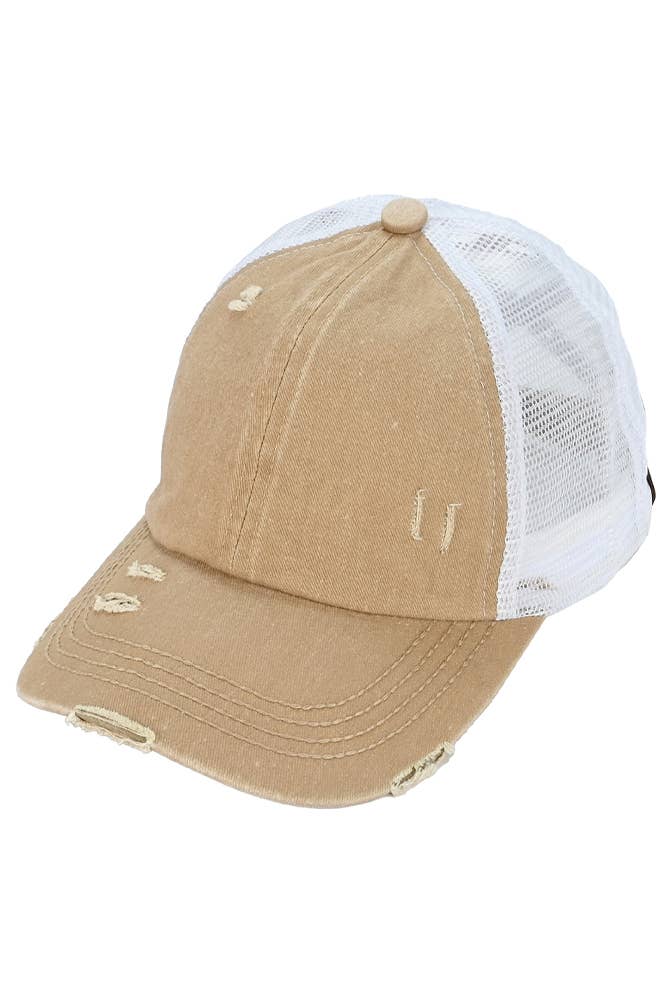 C.C Washed Denim with Crossed Elastic Band Mesh Pony Cap: Camel/White