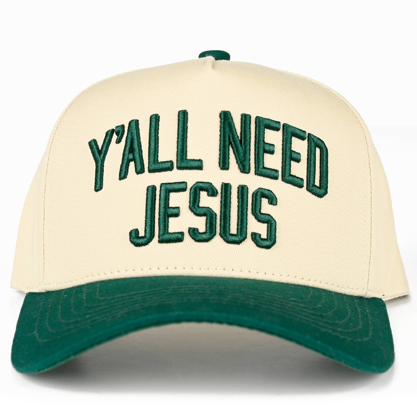C.C Y'ALL NEED JESUS Embroidered Letter Two Tone Trucker Hat: Beige