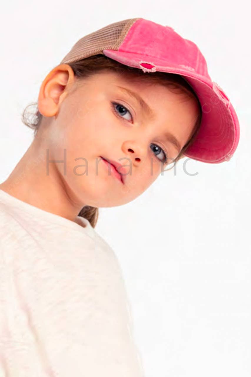 C.C Kids Washed Denim Elastic Band Crossed Pony Cap: Pink