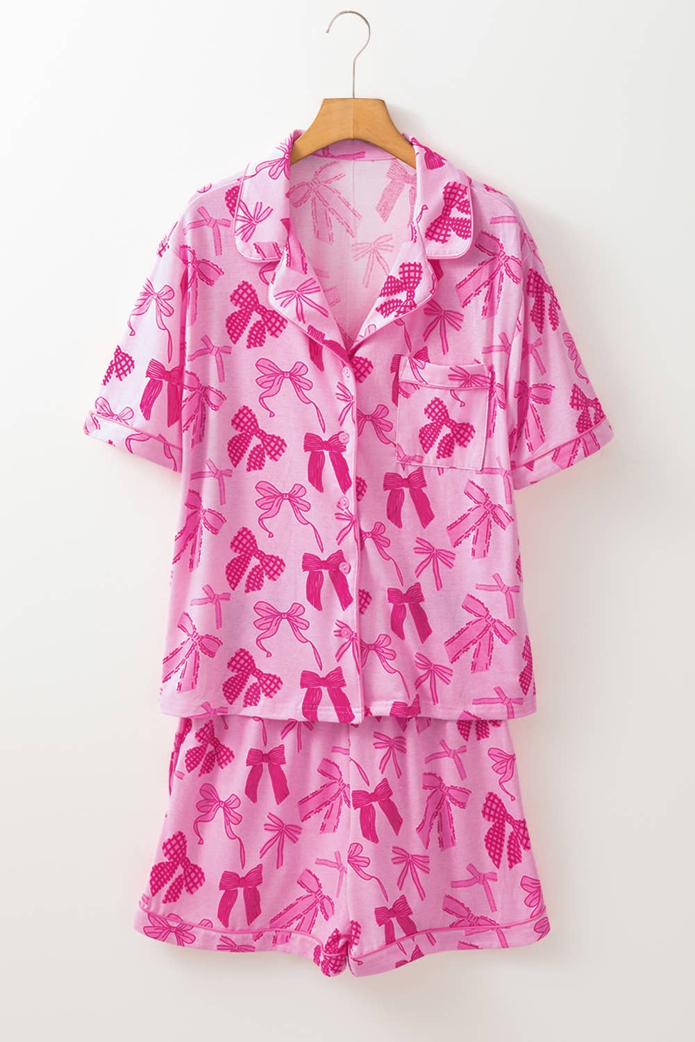 Bow Print Half Sleeve Shirt and Shorts Pajamas Set: Pink / Missy / XL