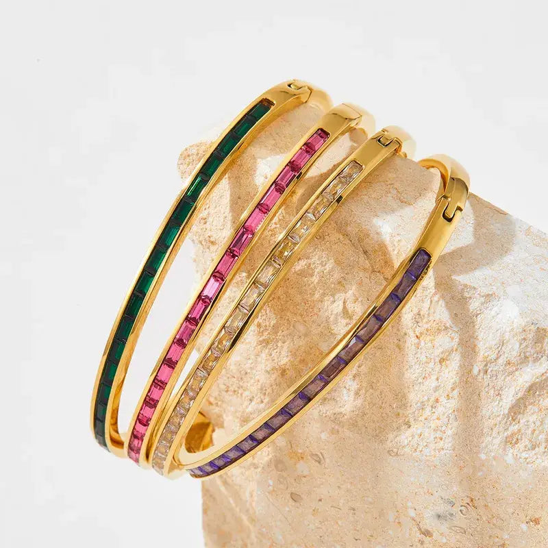 Gold Plated Stainless Steel Zircon Inlay Bracelet Bangle: Emerald