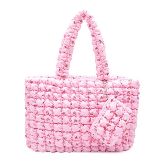 Quilted Scrunchies Printed Large Tote Bag with Coin Purse: Pink Cherry Print Scrunch