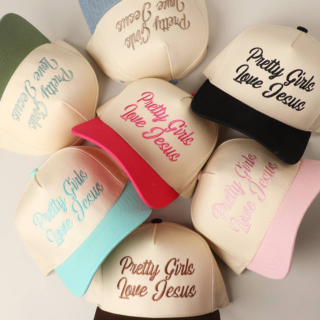 Pretty Girls Love Jesus Embroidery Trucker Hat: LT PINK / ONE SIZE