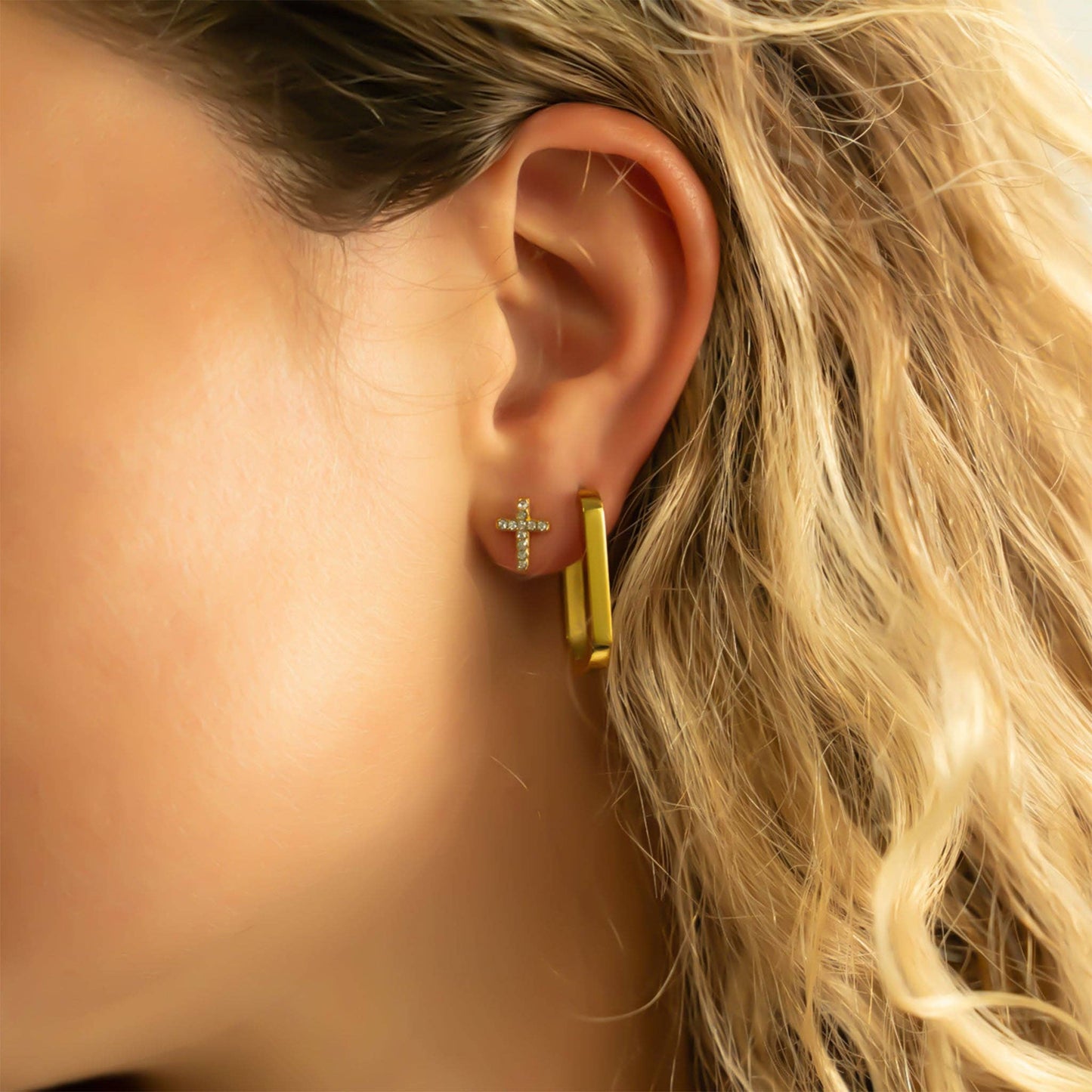 18K Gold PVD Stainless Steel Stone Cross Earrings: Gold