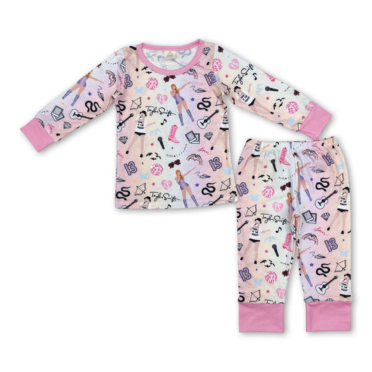 Pink long sleeves guitar singer girls bamboo pajamas: 10-12T