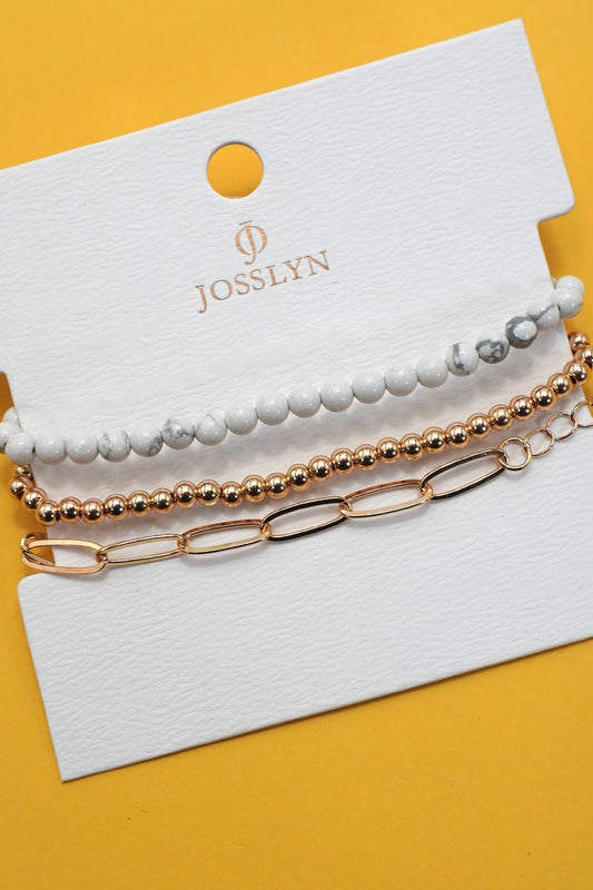 MULTI LAYER NATURAL STONE BALL CHAIN LINK BRACELET | 40B5134: HOWLITE WHITE