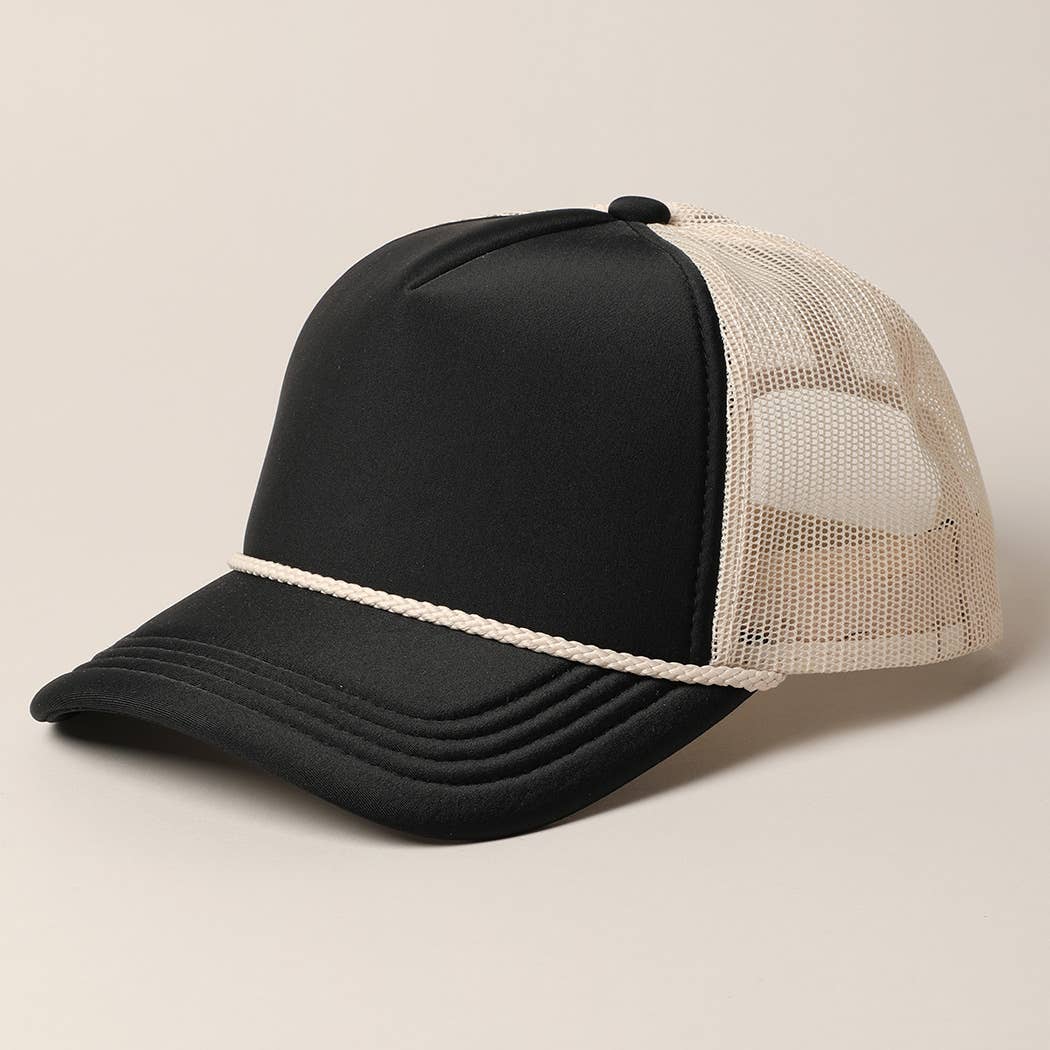 Plain Foam Rope Mesh Back Trucker Hat : BLK-STN / ONESIZE