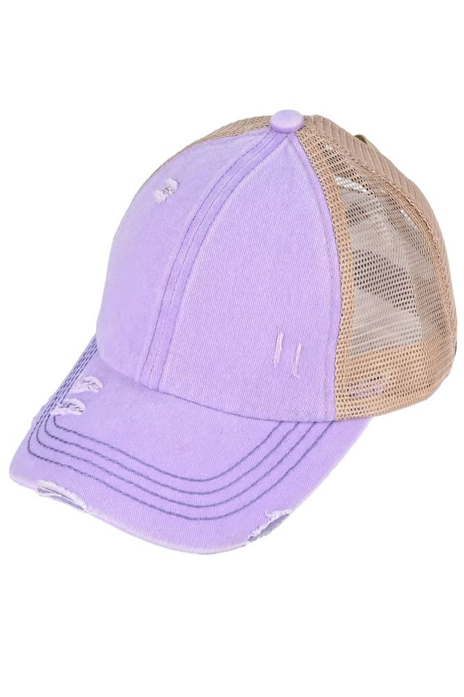 C.C Washed Denim with Crossed Elastic Band Mesh Pony Cap: Lavender