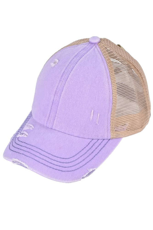 C.C Washed Denim with Crossed Elastic Band Mesh Pony Cap: Lavender