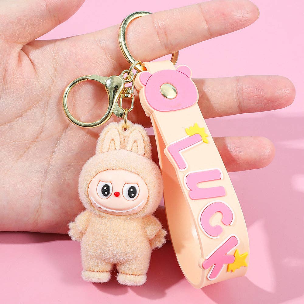 Labubu flocking keychain labubu pendant school gift: Sitting posture-4
