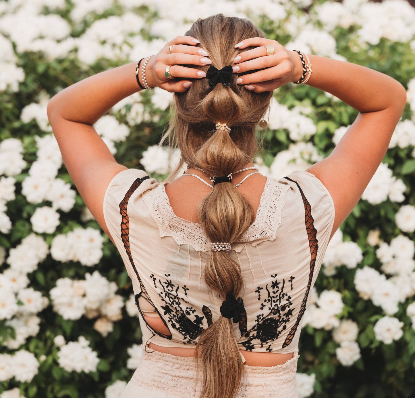 "Harmony" Bows, Pearls, Black & Gold Hair Tie Bracelets: Medium